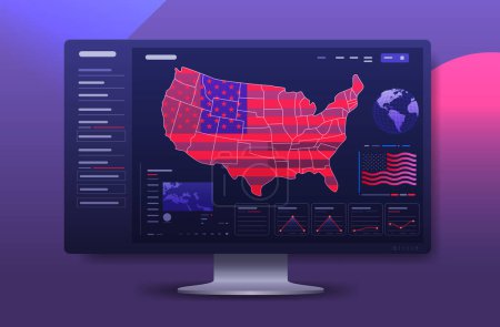 Illustration for USA presidential election statistic banner with infographics American Election campaign statistics with map and data graphs on computer monitor horizontal vector illustration - Royalty Free Image