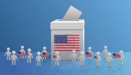 Ilustración de Personas siluetas de pie con banderas de los Estados Unidos de América cerca de la caja de votación EE.UU. elección presidencial concepto horizontal vector ilustración - Imagen libre de derechos