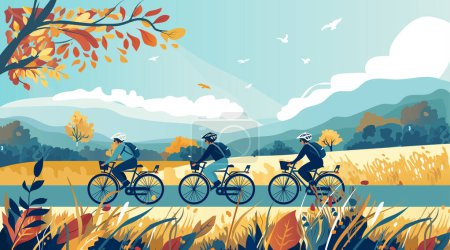 cyclists riding along the meadow road healthy lifestyle professional race concept landscape background horizontal vector illustration
