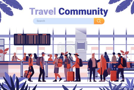 Aeropuerto escena terminal con diversos viajeros equipaje e información de vuelo bordo personas caminando hablando y esperando en un ambiente de viaje ocupado moderno vector ilustración.