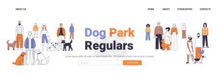 Illustration for Dog park scene with diverse people and various breeds of dogs colorful modern flat style community gathering outdoor activity pet owners Vector illustration. - Royalty Free Image
