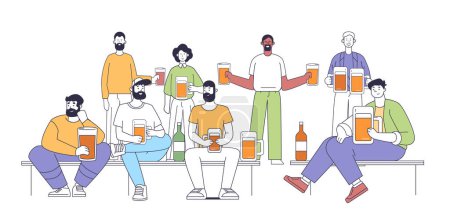 Illustration for Group of diverse people holding beer glasses and bottles sitting and standing in a casual setting cheerful social gathering leisure activity vector illustration. - Royalty Free Image