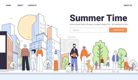 Illustration for Cityscape with diverse people walking dogs and enjoying summer outdoors modern buildings trees sun minimalistic style Vector illustration - Royalty Free Image