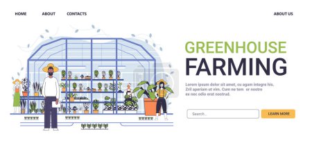 Gewächshausanbau nachhaltige Landwirtschaft Konzept Menschen, die Pflanzen arbeiten minimalistische Linienkunst Vector Illustration