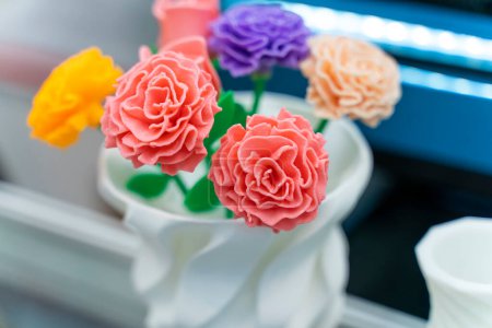 Photo for Flowers closeup object printed 3d printer close-up. Progressive modern additive technology 4.0 industrial revolution - Royalty Free Image