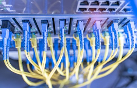 Foto de Cables de fibra óptica conectados a puertos ópticos - Imagen libre de derechos
