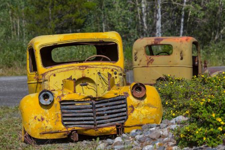 Téléchargez les photos : Une gamme de camions rouillés abandonnés d'après-guerre qui rouillent dans la nature sauvage pendant l'été dans le nord du Canada - en image libre de droit