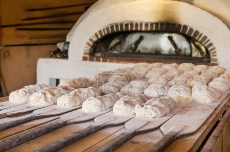 Foto de The hand made bread is prepared for oven baking - Imagen libre de derechos