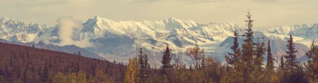 Téléchargez les photos : Picturesque Mountains of Alaska in summer. Snow covered massifs, glaciers and rocky peaks. Beautiful natural background.Banner. - en image libre de droit