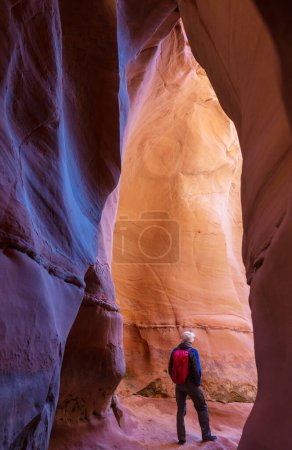 Foto de Ranura cañón en Grand Staircase Escalante National park, Utah, EE.UU.. Formaciones inusuales de arenisca de colores en los desiertos de Utah son un destino popular para los excursionistas. - Imagen libre de derechos