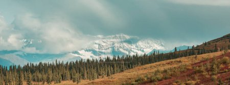 Téléchargez les photos : Picturesque Mountains of Alaska in summer. Snow covered massifs, glaciers and rocky peaks. Beautiful natural background. Banner format. - en image libre de droit