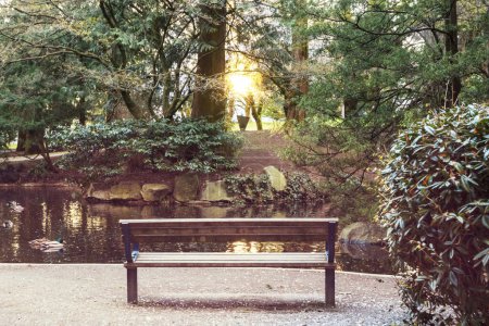 Photo for Bench near pond in city park - Royalty Free Image