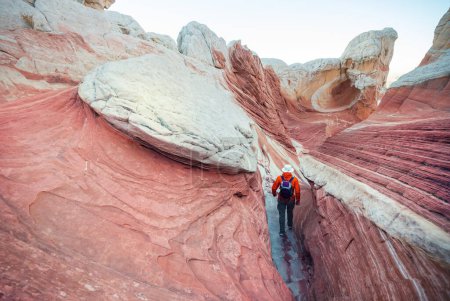 Foto de Caminata en las montañas de Utah. Senderismo en paisajes naturales inusuales. Formas fantásticas formaciones de arenisca. - Imagen libre de derechos
