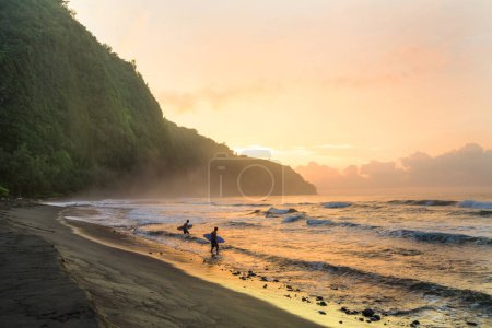 Foto de Silueta de surfistas llevando sus tablas de surf en la playa del atardecer. - Imagen libre de derechos