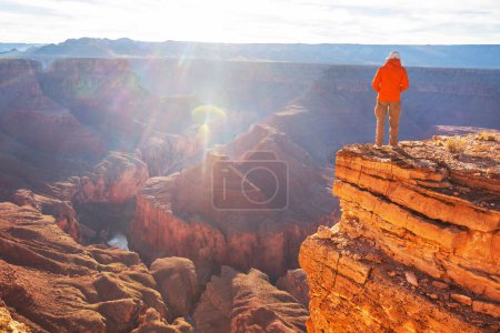 Téléchargez les photos : Voyageur sur des montagnes escarpées au-dessus du parc national du Grand Canyon, Arizona, États-Unis.Émotion inspirante. Voyage Lifestyle voyage succès motivation concept aventure vacances concept plein air. - en image libre de droit