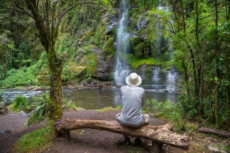 Téléchargez les photos : Randonneur près d'une belle cascade dans la jungle colombienne, Amérique du Sud - en image libre de droit
