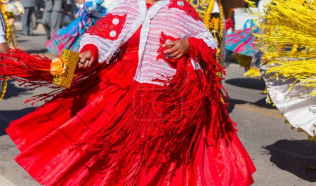 Photo for Girls in authentic costumas dancing during the traditional festival. Caraz region, Peru, South America - Royalty Free Image