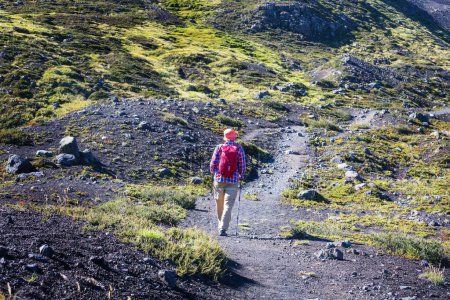 Téléchargez les photos : Homme en randonnée dans la région des volcans (Araucania) au Chili, Amérique du Sud - en image libre de droit