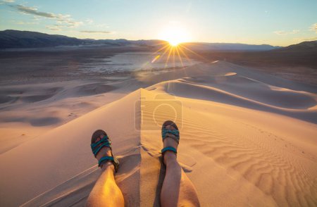 Photo for Hiker among sand dunes in the desert - Royalty Free Image