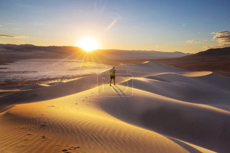 Téléchargez les photos : Randonneur parmi les dunes de sable dans le désert - en image libre de droit