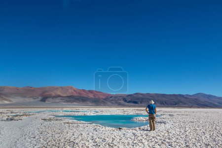 Tourist near fantastic  Laguna Verde in Salar Antofalla, Northern Argentina.
