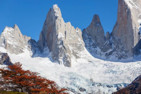 Berühmte Cerro Fitz Roy und Cerro Torre - einer der schönsten und am schwersten zu akzentuierenden Felsgipfel in Patagonien, Argentinien. Herbstzeit.