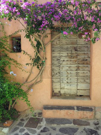 Foto de Una antigua envejecida elegante puerta marrón de madera vieja - Imagen libre de derechos