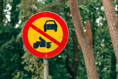 Photo for No motor vehicles traffic sign in public park, selective focus - Royalty Free Image