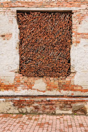 Photo for Old window filled with roof tiles as background - Royalty Free Image