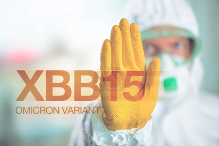 Foto de XBB15 covid omicron variant concept with virologist and epidemiologist healthcare professional in protective clothing in quarantine, selective focus - Imagen libre de derechos