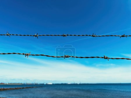 Foto de Valla de alambre de púas contra el cielo azul, concepto de encarcelamiento y cautiverio, enfoque selectivo - Imagen libre de derechos