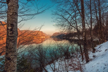 Téléchargez les photos : Beautiful sunset scenic image of Lake Bohinj and old Slovenian village Stara Fuzina in background seen through branches of deciduous trees by the water - en image libre de droit