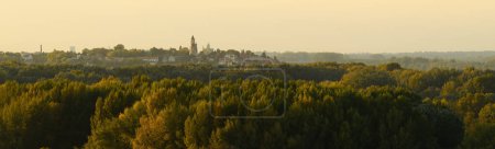 Foto de Torre Gardos también conocida como la Torre del Milenio y la ciudad de Zemun sobre el paisaje forestal de las islas de la Gran Guerra en el atardecer de otoño - Imagen libre de derechos