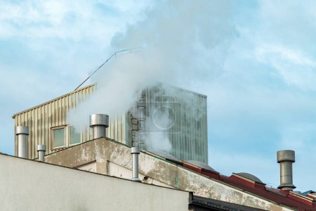 Téléchargez les photos : Fumée industrielle de cheminée et d'échappement de vapeur sur le vieux bâtiment de l'usine, foyer sélectif - en image libre de droit