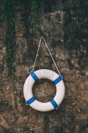 Téléchargez les photos : Lifebuoy, life saving ring on stone wall with creeping ivy, toned image - en image libre de droit