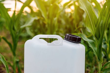 Photo for Blank mockup white plastic jug for herbicide chemical in cultivated corn field, selective focus - Royalty Free Image
