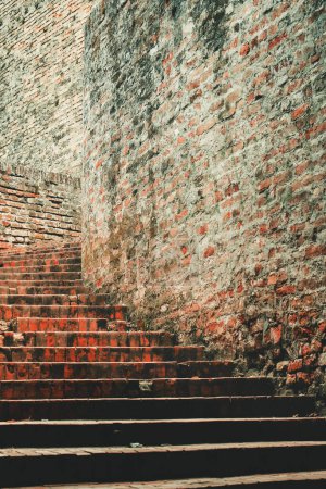 Photo for Old stairway made of rustic bricks as abstract background, selective focus - Royalty Free Image
