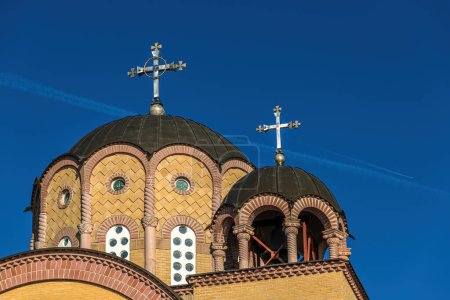 Photo for Large religious cross on top of the dome of an orthodox church, selective focus - Royalty Free Image