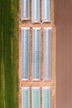 Photo for Aerial shot of agricultural greenhouse with plastic sheeting in cultivated field from drone pov, high angle view - Royalty Free Image