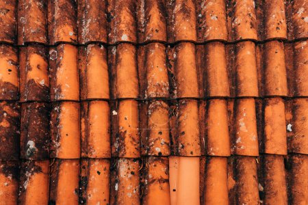 Téléchargez les photos : Old rustic terracotta roof tiles pattern as background, architectural detail from Lovran, Croatia - en image libre de droit