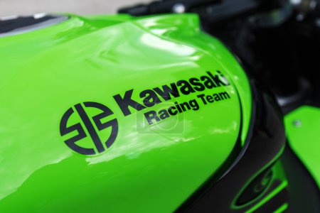 Photo for Novi Sad, Serbia - May 24, 2023: Kawasaki racing team logo on motorcycle gas tank - Royalty Free Image