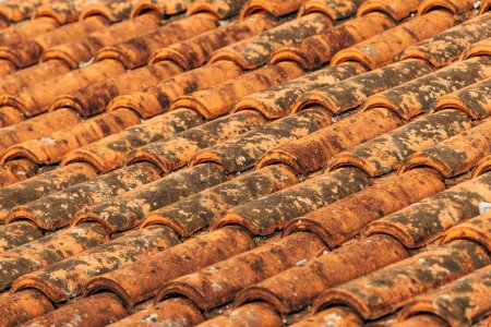 Foto de Old rustic terracotta roof tiles pattern as background, architectural detail from Lovran, Croatia - Imagen libre de derechos