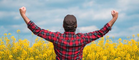 Téléchargez les photos : Fermier satisfait levant les mains dans le champ de colza de canola en fleurs, vue arrière avec mise au point sélective - en image libre de droit