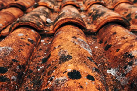 Téléchargez les photos : Closeup of old rustic terracotta roof tiles pattern as background, architectural detail from Lovran, Croatia - en image libre de droit