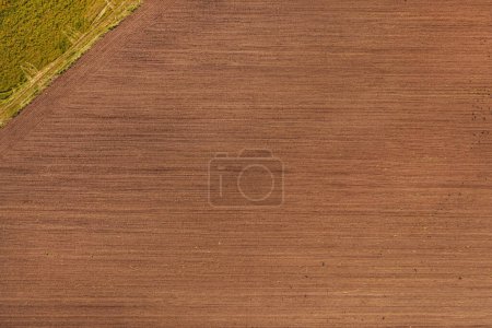 Photo for Top view aerial shot of tractor tire track pattern in plowed field from drone pov in spring - Royalty Free Image