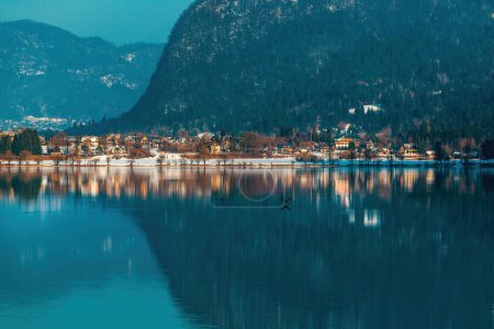Téléchargez les photos : Stara Fuzina, village alpin pittoresque typique au bord du lac Bohinj situé dans le parc national du Triglav en Slovénie, en Europe. Paysage de saison d'hiver. - en image libre de droit