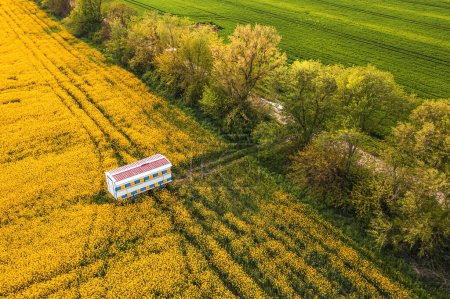 Téléchargez les photos : Remorque apicole avec caisses de ruche dans le champ de canola, prise de vue aérienne de drone pov, vue grand angle - en image libre de droit