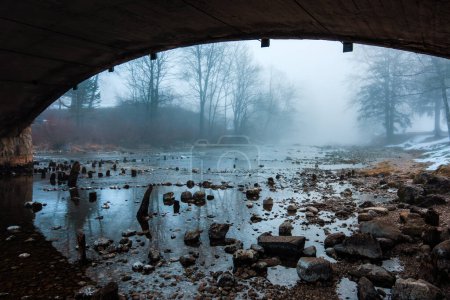 Téléchargez les photos : Rocks under the old stone bridge at lake Bohinj in Slovenia at foggy winter morning, selective focus - en image libre de droit