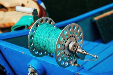 Photo for Fishing boat rope coil, closeup with selective focus - Royalty Free Image
