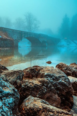Téléchargez les photos : Vieux pont en pierre au lac de Bohinj dans la matinée brumeuse, scène tranquille de la destination de voyage de la Slovénie à l'aube, mise au point sélective - en image libre de droit